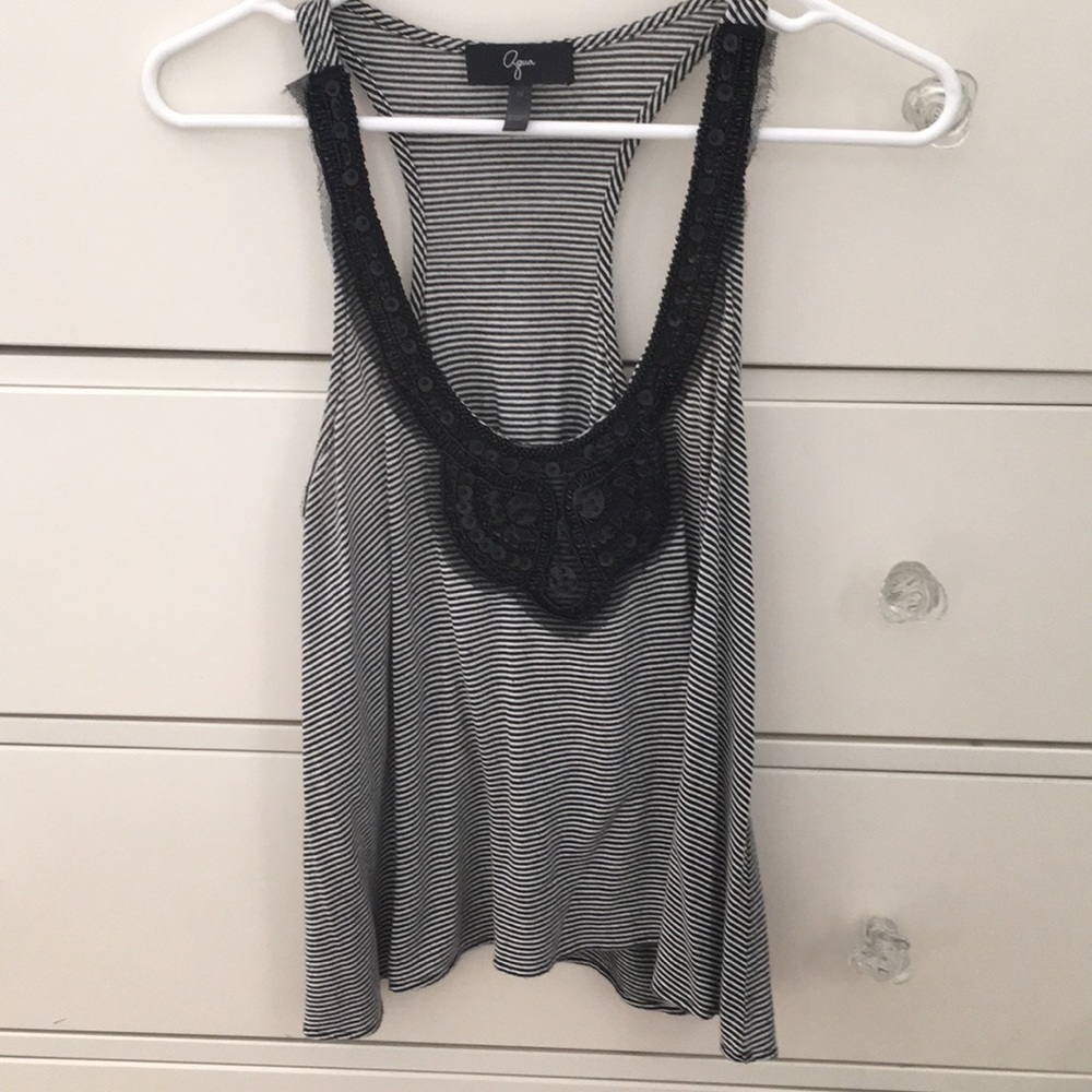 Aqua racer back tank top black & white collar bead